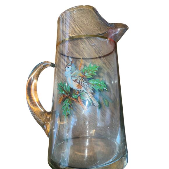 Vintage West Virginia Martini Songbirds Tufted Titmouse Glass Pitcher Gold Trim - Picture 1 of 7